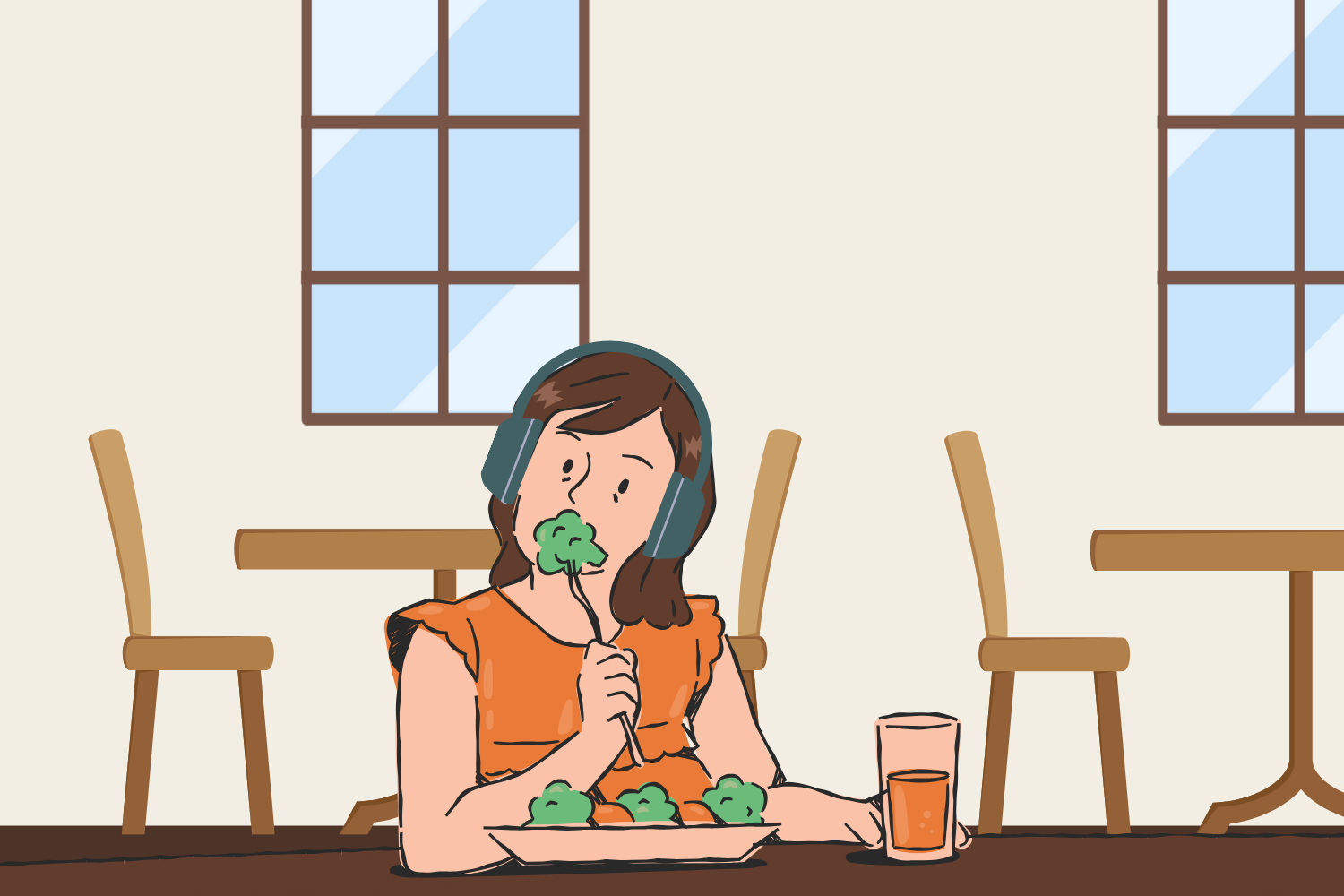 A student eats lunch while wearing noise-canceling headphones. Illustration by Lexie Perez | The Vanderbilt Hustler