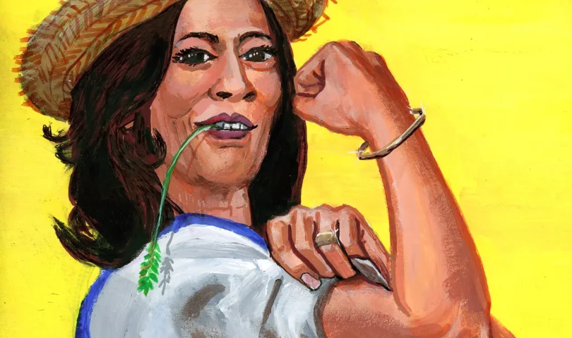 Illustration of Kamala Harris in bumpkinish clothes. Graphic by Brandon Celi